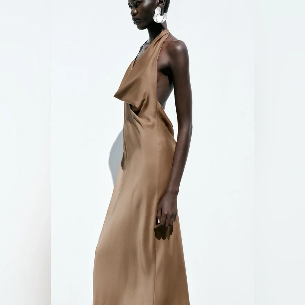 Zara Brown Halter satin maxi Dress evening wedding party cocktail - Picture 5 of 6